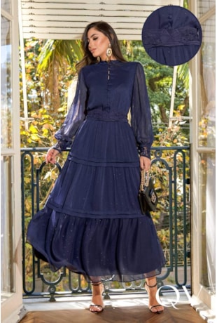 VESTIDO MIDI EM CHIFFON YORIO AZUL MARINHO - LUZIA FAZZOLLI