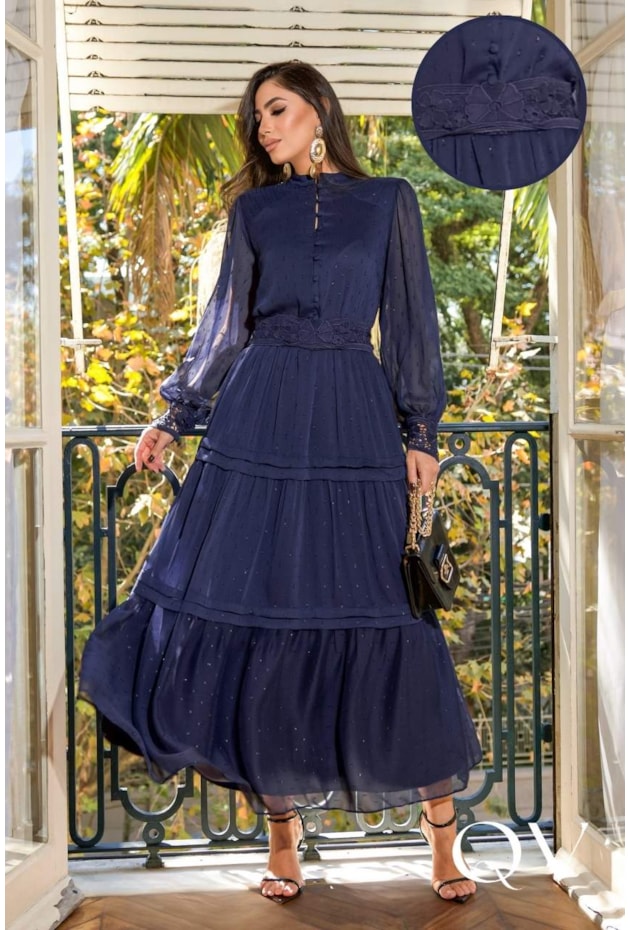 VESTIDO MIDI EM CHIFFON YORIO AZUL MARINHO - LUZIA FAZZOLLI