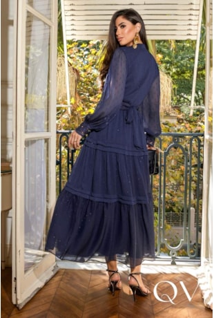 VESTIDO MIDI EM CHIFFON YORIO AZUL MARINHO - LUZIA FAZZOLLI