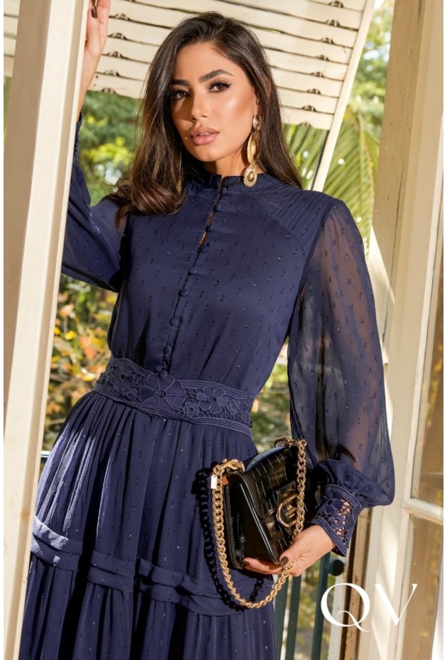 VESTIDO MIDI EM CHIFFON YORIO AZUL MARINHO - LUZIA FAZZOLLI