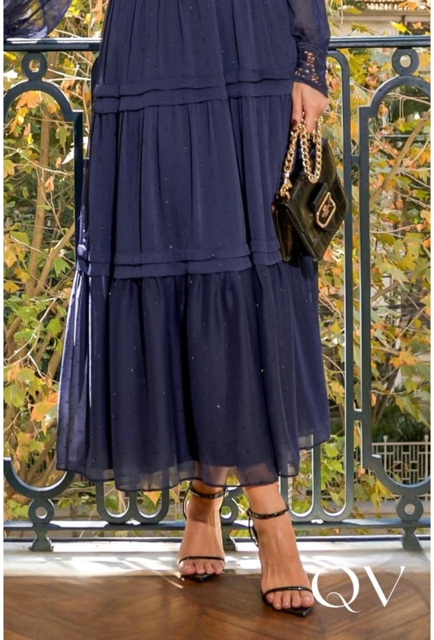 VESTIDO MIDI EM CHIFFON YORIO AZUL MARINHO - LUZIA FAZZOLLI