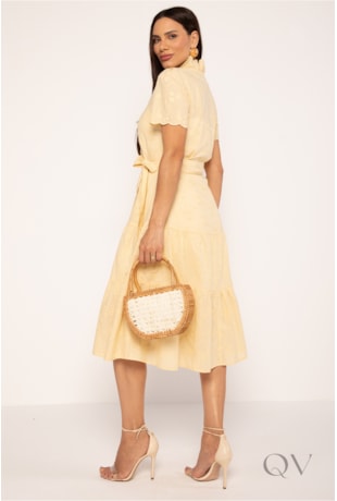 VESTIDO MIDI EM LAISE AMARELO MANTEIGA - LEKAZIS
