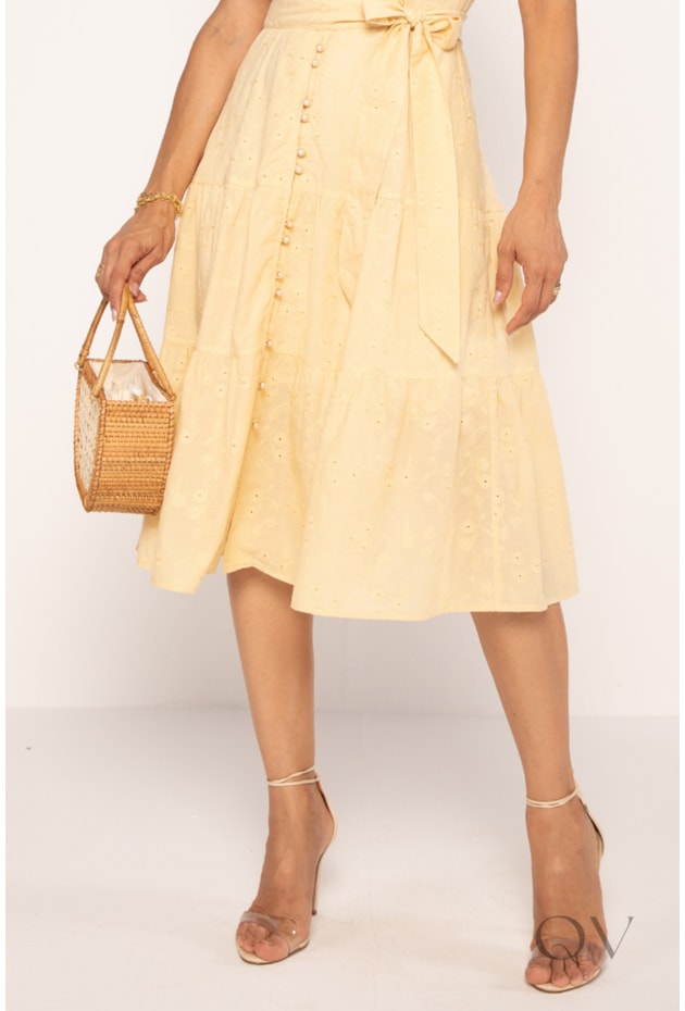 VESTIDO MIDI EM LAISE AMARELO MANTEIGA - LEKAZIS