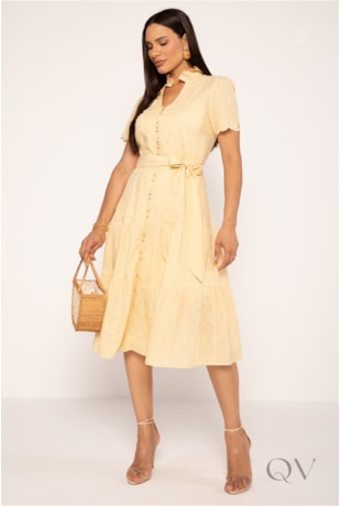 VESTIDO MIDI EM LAISE AMARELO MANTEIGA - LEKAZIS