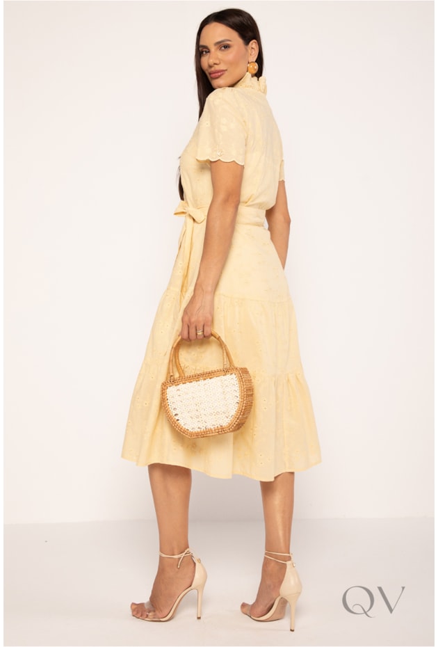 VESTIDO MIDI EM LAISE AMARELO MANTEIGA - LEKAZIS