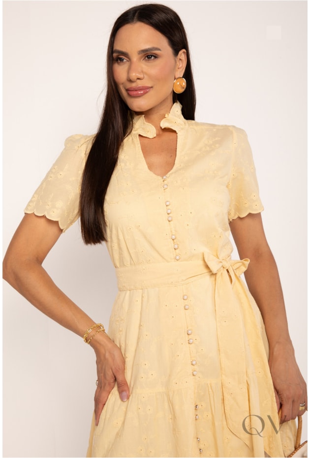 VESTIDO MIDI EM LAISE AMARELO MANTEIGA - LEKAZIS