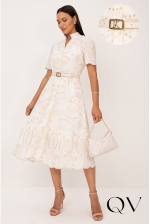 VESTIDO MIDI EM LAISE OFF WHITE BORDADO CRU - LEKAZIS