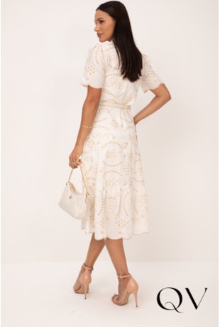 VESTIDO MIDI EM LAISE OFF WHITE BORDADO CRU - LEKAZIS