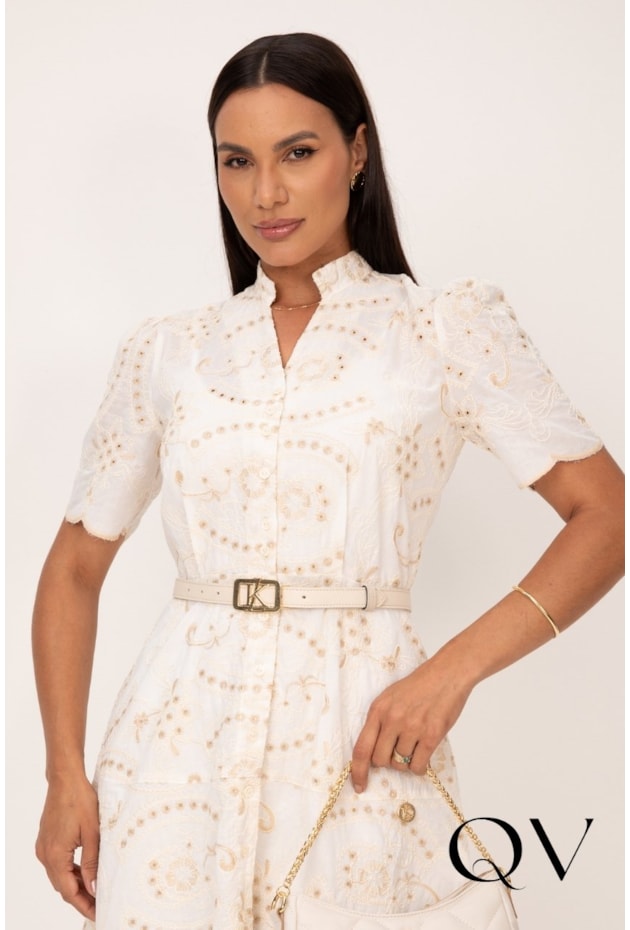 VESTIDO MIDI EM LAISE OFF WHITE BORDADO CRU - LEKAZIS