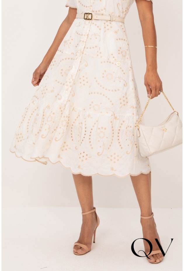 VESTIDO MIDI EM LAISE OFF WHITE BORDADO CRU - LEKAZIS