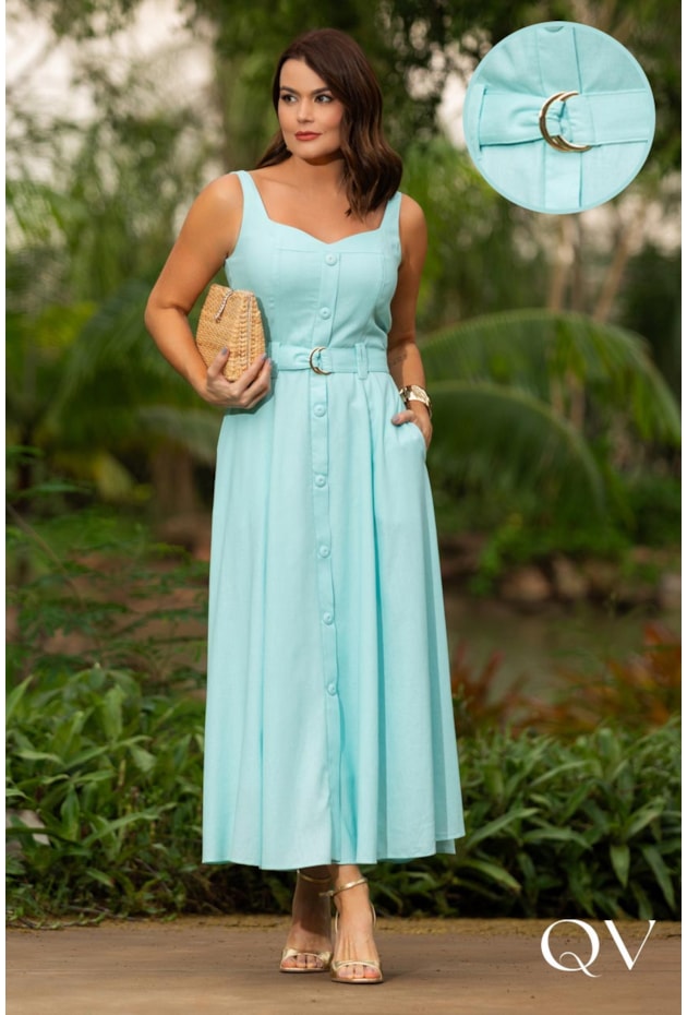 VESTIDO MIDI EM LINHO MISTO AZUL TURQUESA - LUZIA FAZZOLLI