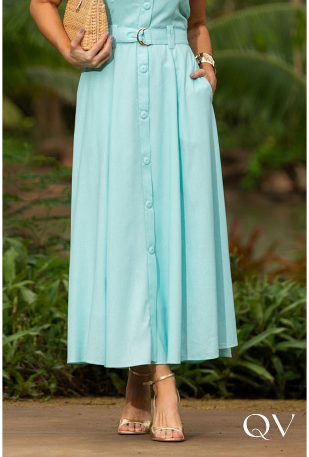 VESTIDO MIDI EM LINHO MISTO AZUL TURQUESA - LUZIA FAZZOLLI