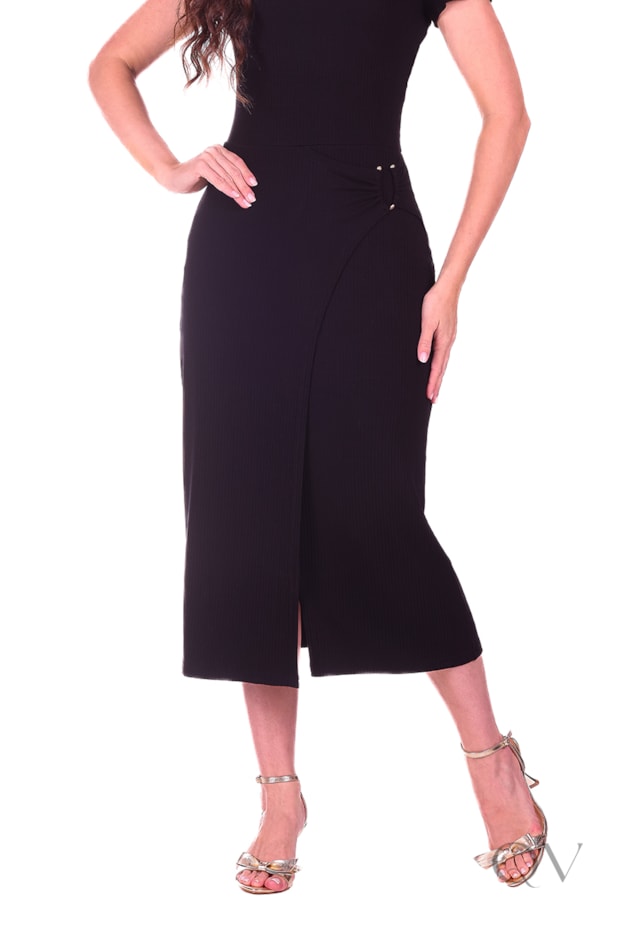 VESTIDO MIDI EM MALHA CANELADA PRETO - HAPUK