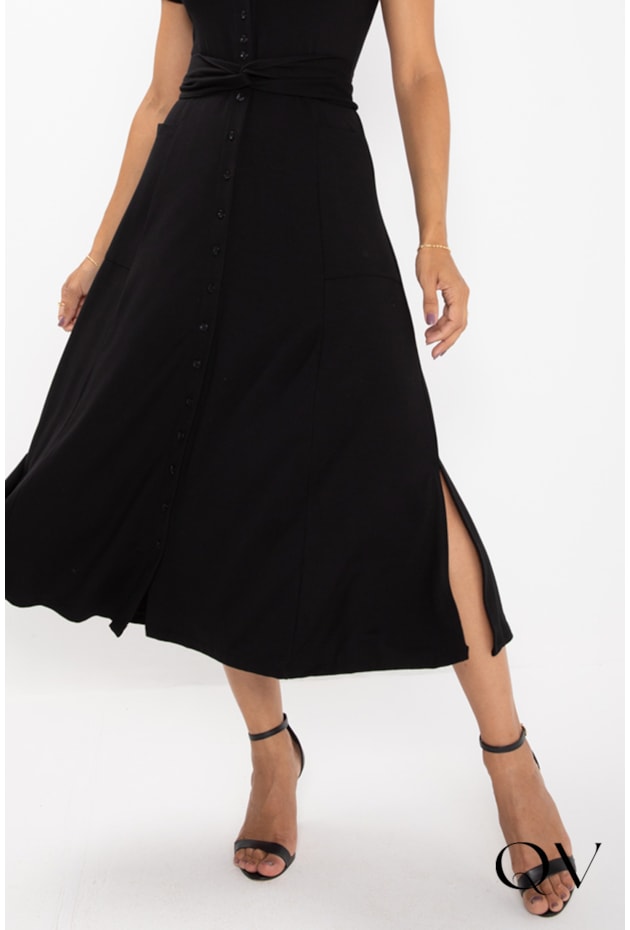 VESTIDO MIDI EM MALHA FENDA LATERAL PRETO - LEKAZIS