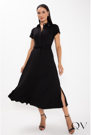 VESTIDO MIDI EM MALHA FENDA LATERAL PRETO - LEKAZIS