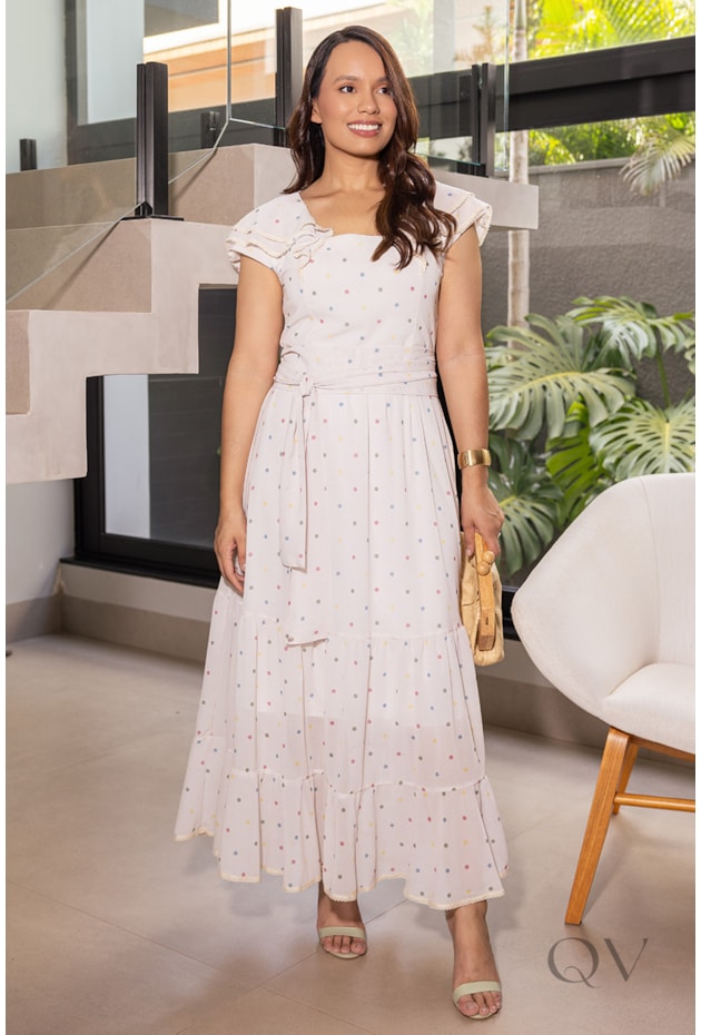 VESTIDO MIDI EM MUSSELINE POÁ BRANCO - JANY PIM