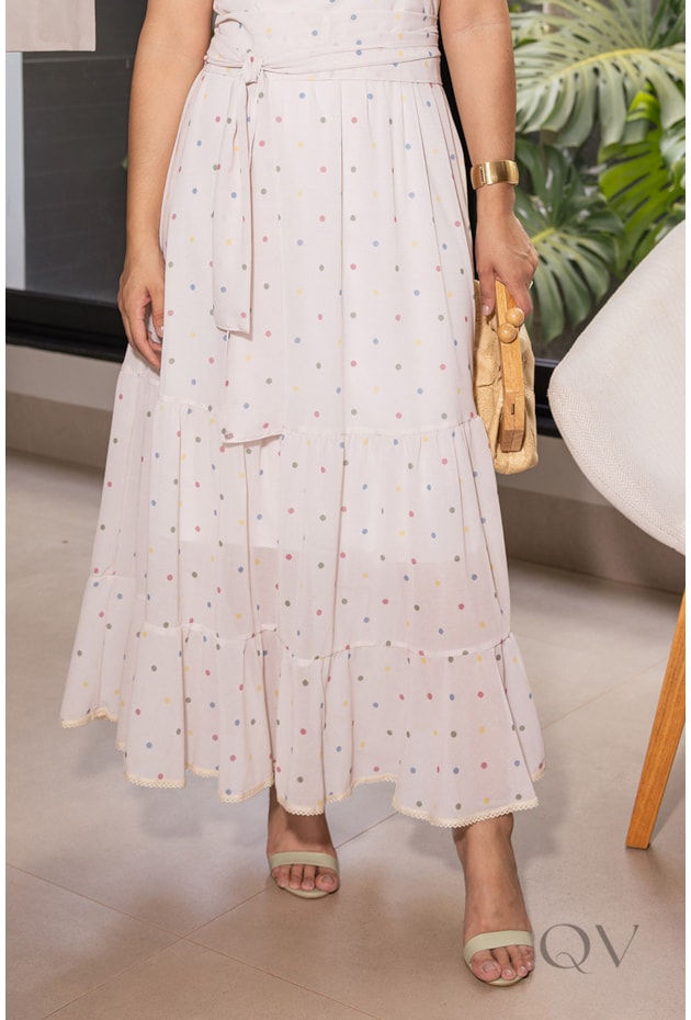 VESTIDO MIDI EM MUSSELINE POÁ BRANCO - JANY PIM