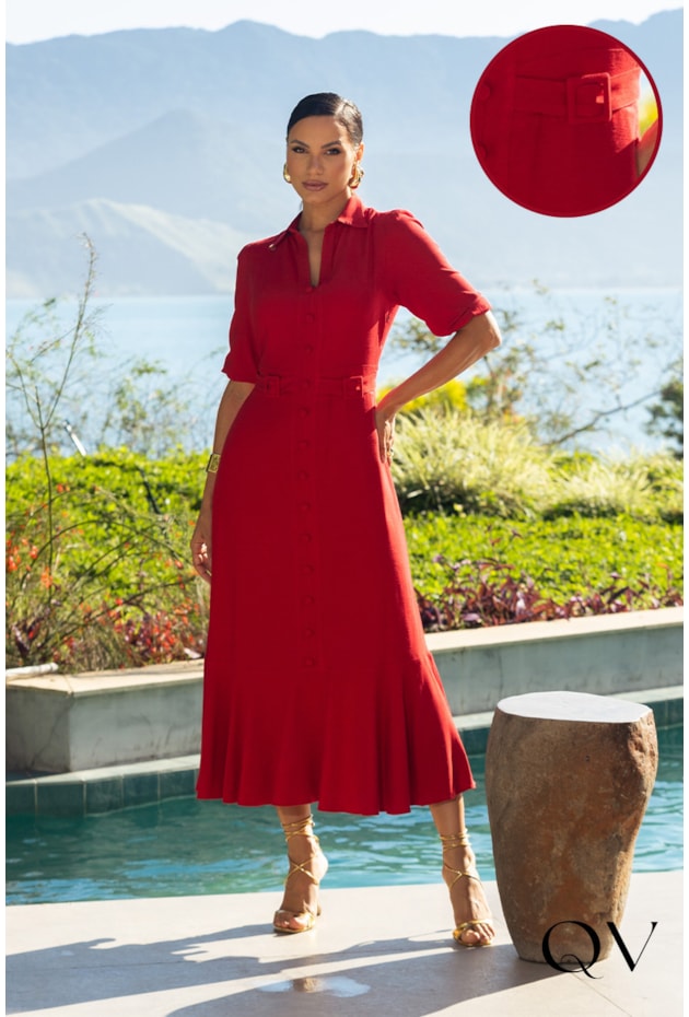 VESTIDO MIDI EM PIQUET VERMELHO - JANY PIM