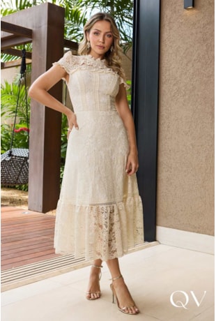 VESTIDO MIDI EM RENDA COM GUIPIR OFF WHITE - DOCE MARIA