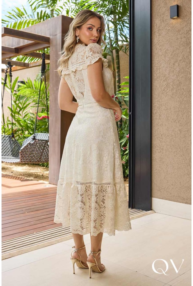 VESTIDO MIDI EM RENDA COM GUIPIR OFF WHITE - DOCE MARIA