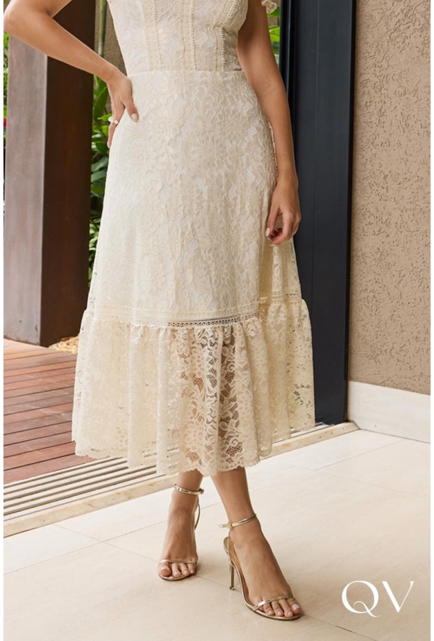 VESTIDO MIDI EM RENDA COM GUIPIR OFF WHITE - DOCE MARIA