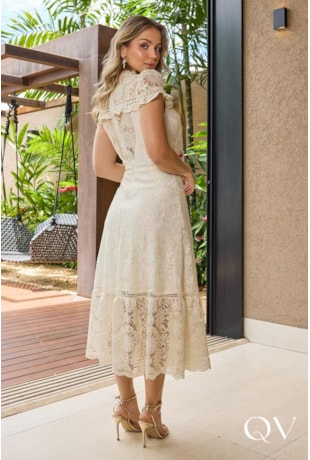 VESTIDO MIDI EM RENDA COM GUIPIR OFF WHITE - DOCE MARIA