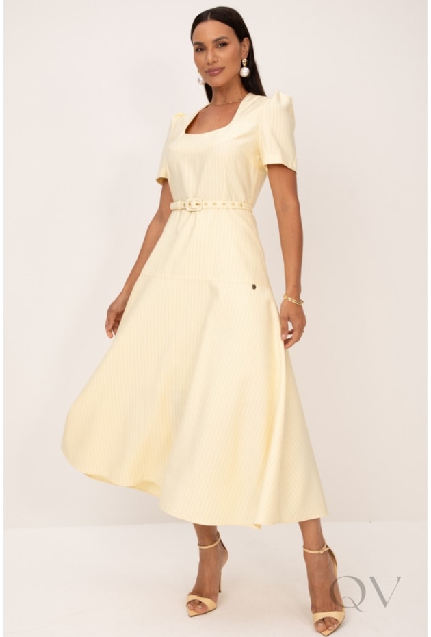VESTIDO MIDI EM RISCA DE GIZ AMARELO - LEKAZIS