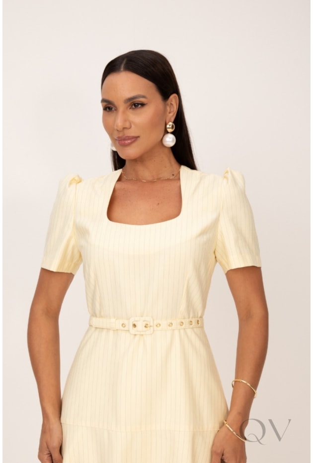 VESTIDO MIDI EM RISCA DE GIZ AMARELO - LEKAZIS