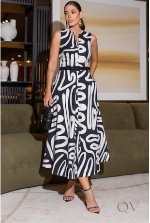 VESTIDO MIDI EM SARJA COM BOTÕES FORRADOS ESTAMPADO - LUZIA FAZZOLLI