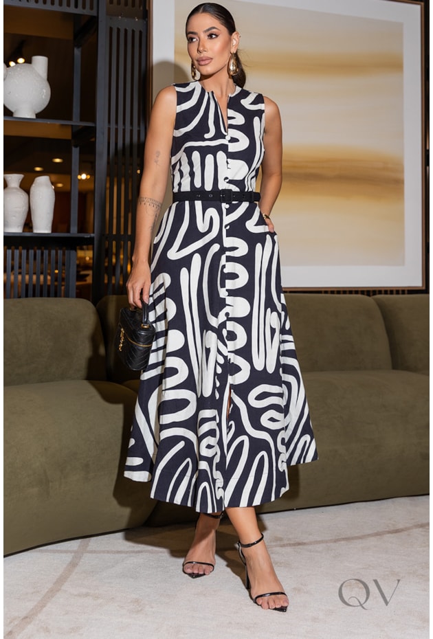 VESTIDO MIDI EM SARJA COM BOTÕES FORRADOS ESTAMPADO - LUZIA FAZZOLLI