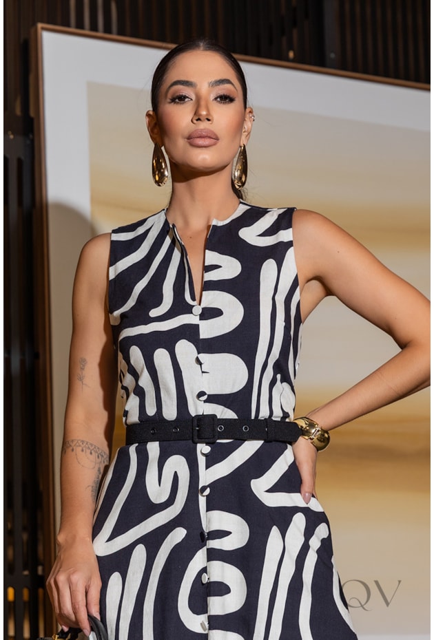 VESTIDO MIDI EM SARJA COM BOTÕES FORRADOS ESTAMPADO - LUZIA FAZZOLLI