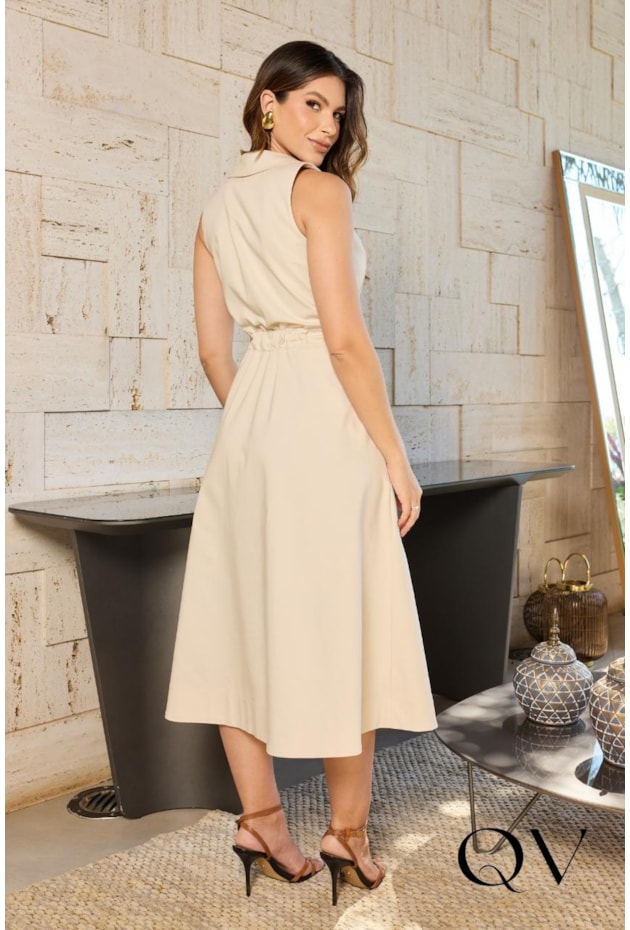 VESTIDO MIDI EM SARJA COTTON BEGE - DOCE MARIA