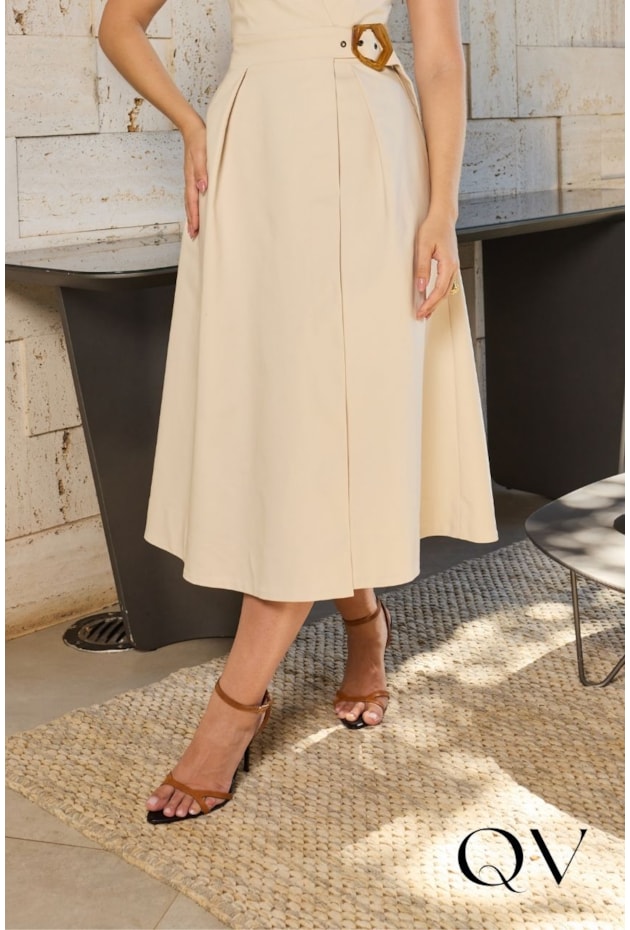 VESTIDO MIDI EM SARJA COTTON BEGE - DOCE MARIA