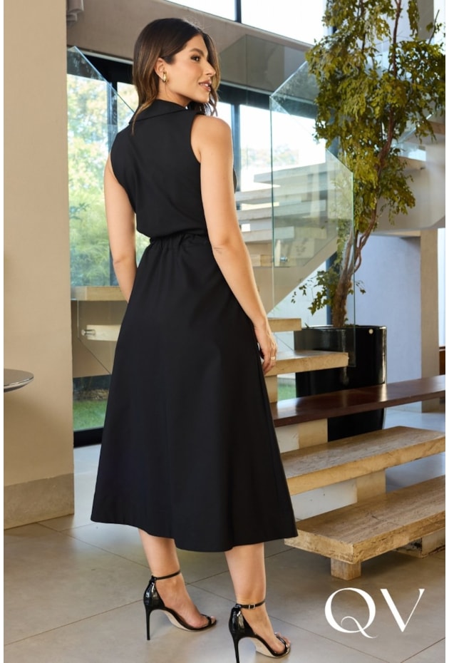 VESTIDO MIDI EM SARJA COTTON PRETO - DOCE MARIA