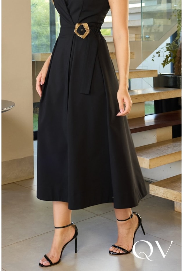 VESTIDO MIDI EM SARJA COTTON PRETO - DOCE MARIA