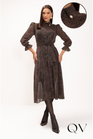 VESTIDO MIDI EM SILKY PRINT CHIFFON PRETO - LEKAZIS