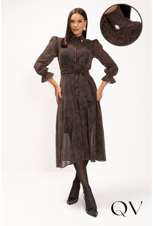 VESTIDO MIDI EM SILKY PRINT CHIFFON PRETO - LEKAZIS