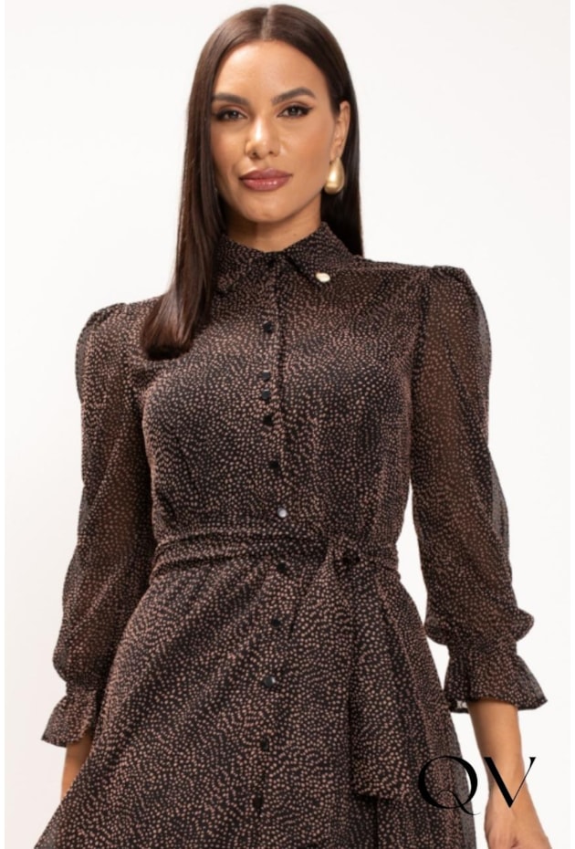 VESTIDO MIDI EM SILKY PRINT CHIFFON PRETO - LEKAZIS