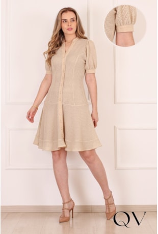 VESTIDO MIDI EM TELA COM CINTILÂNCIA DOURADA BEGE - PURO SHARMY