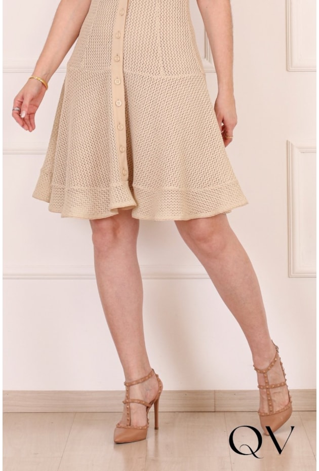 VESTIDO MIDI EM TELA COM CINTILÂNCIA DOURADA BEGE - PURO SHARMY