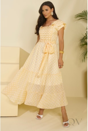 VESTIDO MIDI EM TOQUE DE SEDA AMARELO - JANY PIM