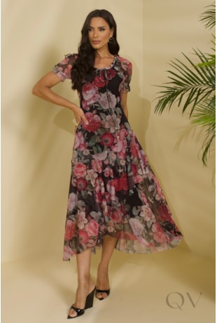 VESTIDO MIDI EM TOQUE DE SEDA PRETO COM ESTAMPA FLORAL - JANY PIM
