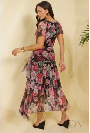 VESTIDO MIDI EM TOQUE DE SEDA PRETO COM ESTAMPA FLORAL - JANY PIM