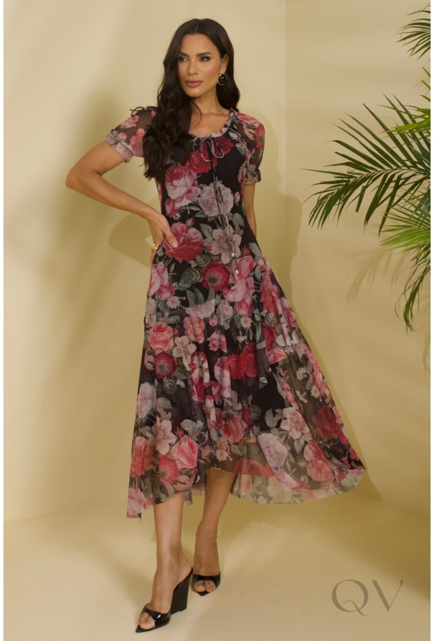 VESTIDO MIDI EM TOQUE DE SEDA PRETO COM ESTAMPA FLORAL - JANY PIM