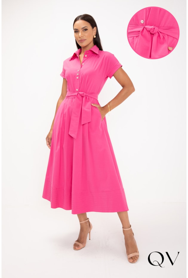 VESTIDO MIDI EM TRICOLINE DE PREGAS PINK - LEKAZIS