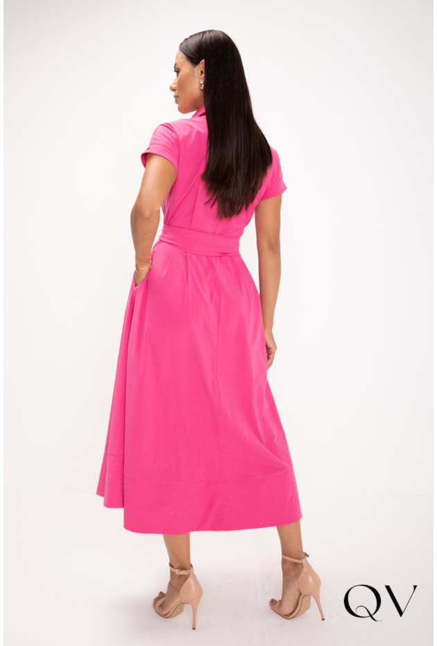 VESTIDO MIDI EM TRICOLINE DE PREGAS PINK - LEKAZIS