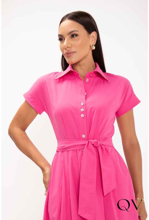 VESTIDO MIDI EM TRICOLINE DE PREGAS PINK - LEKAZIS