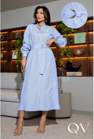 VESTIDO MIDI EM TRICOLINE FIO TINTO LISTRADA - LUZIA FAZZOLLI