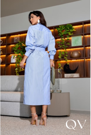 VESTIDO MIDI EM TRICOLINE FIO TINTO LISTRADA - LUZIA FAZZOLLI