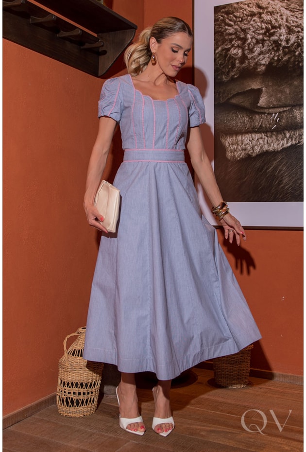 VESTIDO MIDI EM TRICOLINE FIO TINTO VIVADO - LUZIA FAZZOLLI